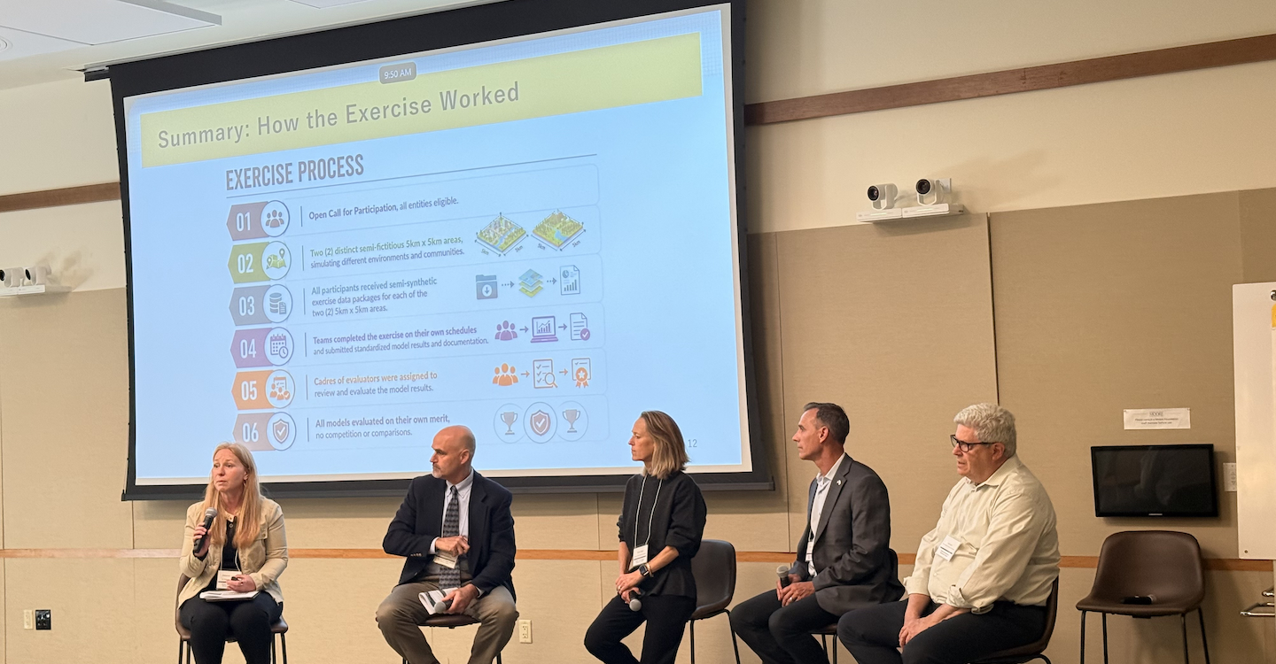 Five members of the Planning and Conduct Team sit in front of a large projector screen and answer questions from the audience during a panel discussion. From left: Rebecca Harned, ULRI; Kevin Hiers, U.S. Department of War’s SERDP; Genny Biggs, Gordon and Betty Moore Foundation; Chris Anthony, Firewerx; Dave Sapsis, CAL FIRE.