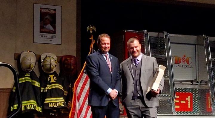 Keith Stakes, FSRI Research Engineer, accepting the George D. Post Instructor of the Year Award through the International Society of Fire Service Instruction (ISFSI)/ Fire Engineering . The award was presented at the Fire Department Instructors Conference (FDIC) in Indianapolis, Indiana on Thursday, April 27, 2023