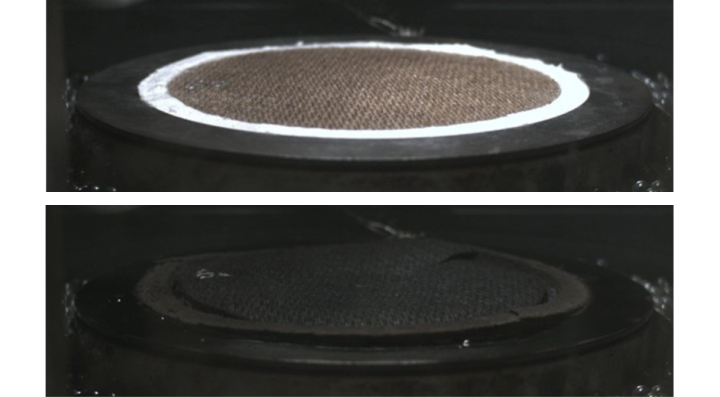 Photos of a hardboard sample before and after controlled atmosphere pyrolysis apparatus exposure