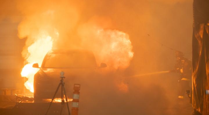 FSRI researchers initiate water suppression following thermal runaway of an electric vehicle fire