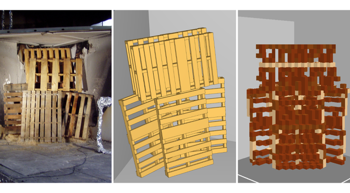 A series of images showing the process of creating a stack of wood pallets in a corner using the Fire Dynamics Simulator. The left image shows a pre-test photo of a stack of six pallets in a room corner. The middle images shows a Pyroism geometry model of the pallets. The right image shows the resulting rasterized FDS geometry.