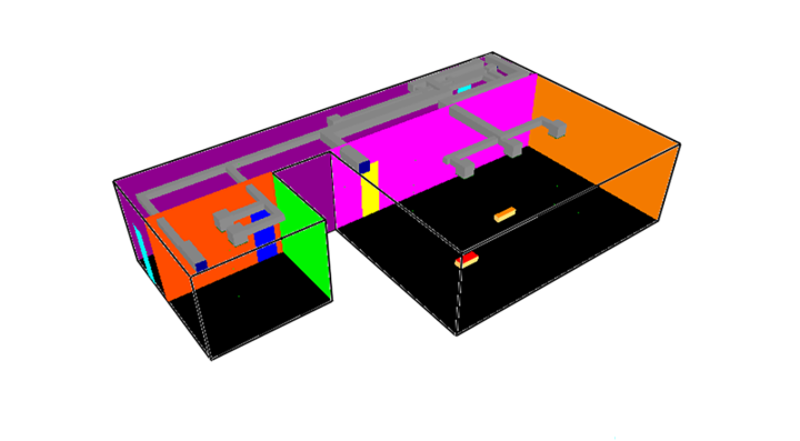 FDS geometry of the BRAVENT test facility showing the large classroom (with the propane fire (red-topped obstruction on the floor) and polyurethane fire (orange-topped obstruction on the floor), office, and hallway. The HVAC network is shown as the grey obstructions. Wall colors indicate the applied boundary condition.