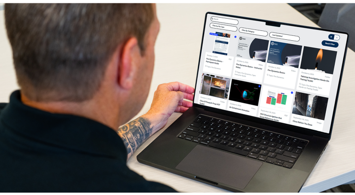 Fire instructor explores the Fire Safety Academy resource library for firefighter training materials