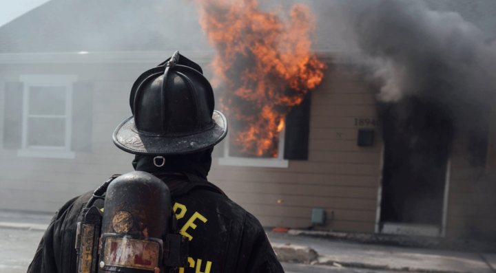 Firefighter in full PPE facing a single‑story home with fire venting from a front window and smoke pushing from the front door.