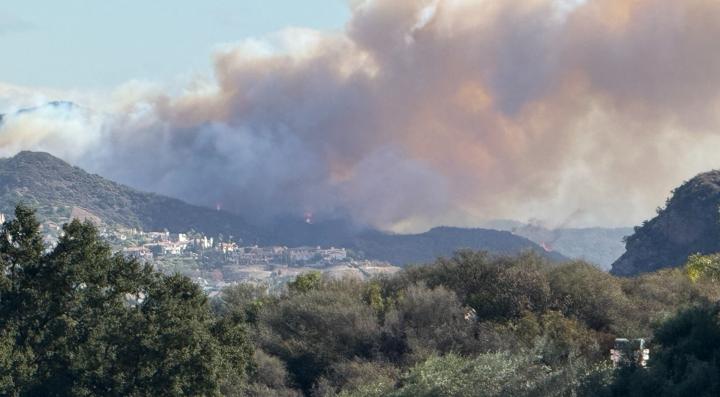 A wind-driven plume of smoke from fire spreading from wildland into the built environment during the Palisades Fire in Southern California in January 2025