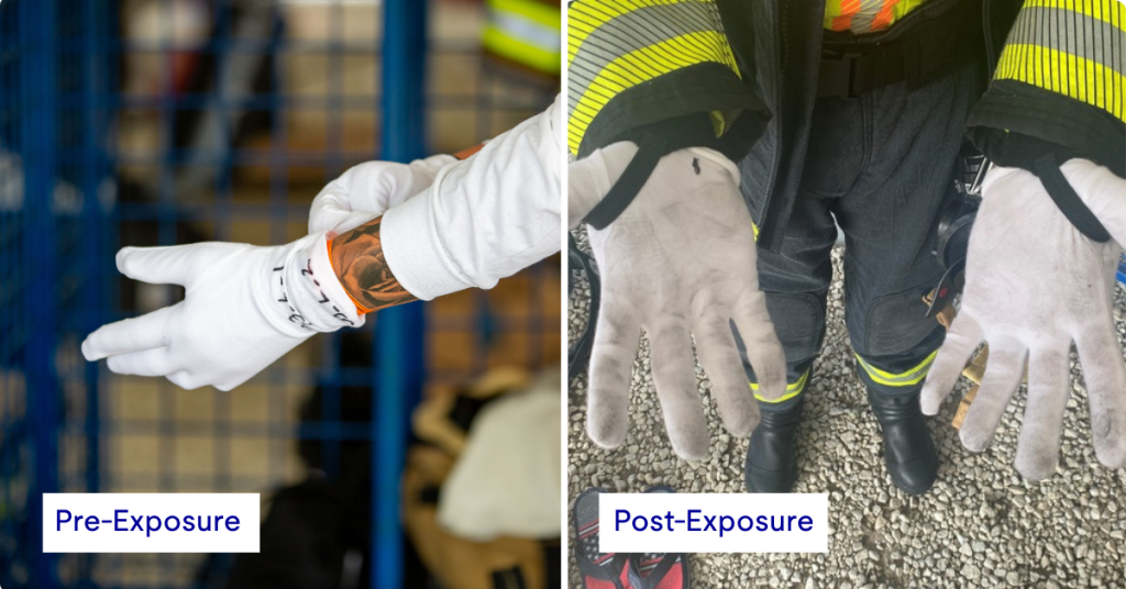 Cotton under gloves before and after exposure, demonstrating visible contamination, even with glove protection.