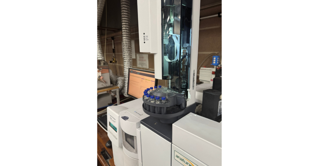 Gas chromatography and mass spectrometry (GC-MS) instrument used to conduct chemical analysis in firefighter cancer risk research