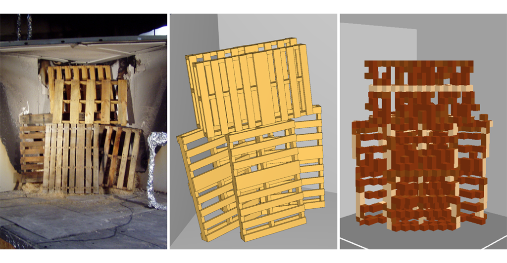 A series of images showing the process of creating a stack of wood pallets in a corner using the Fire Dynamics Simulator. The left image shows a pre-test photo of a stack of six pallets in a room corner. The middle images shows a Pyroism geometry model of the pallets. The right image shows the resulting rasterized FDS geometry.