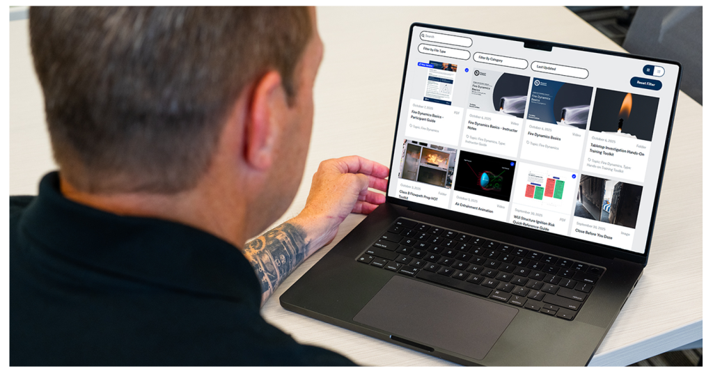 Fire instructor explores the Fire Safety Academy resource library for firefighter training materials