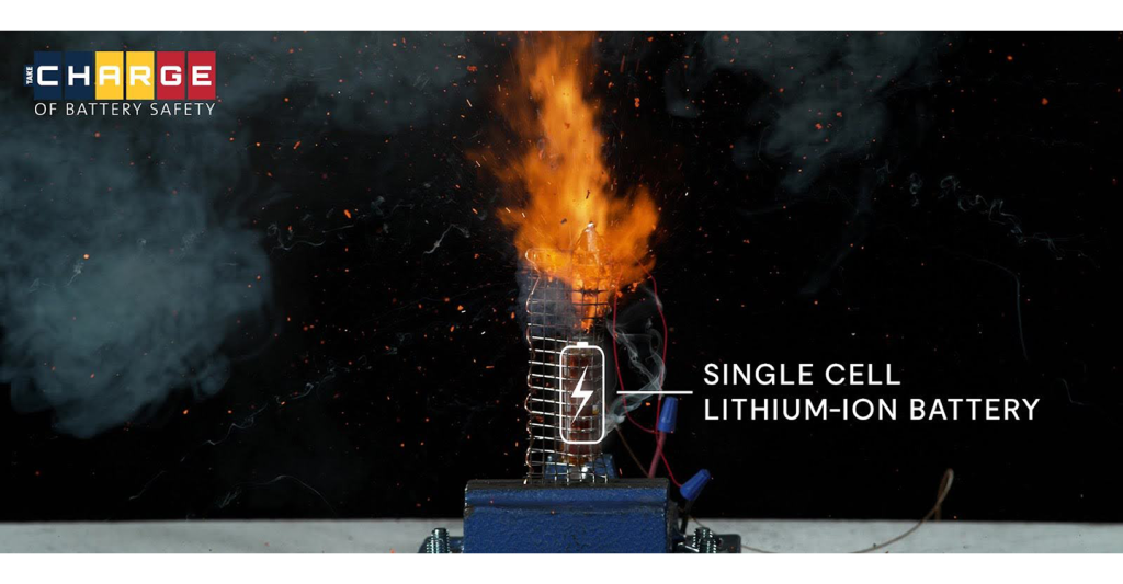 Still image of FSRI's 2024 PSA about the power of lithium-Ion batteries and precautions that can be taken to use batteries safely