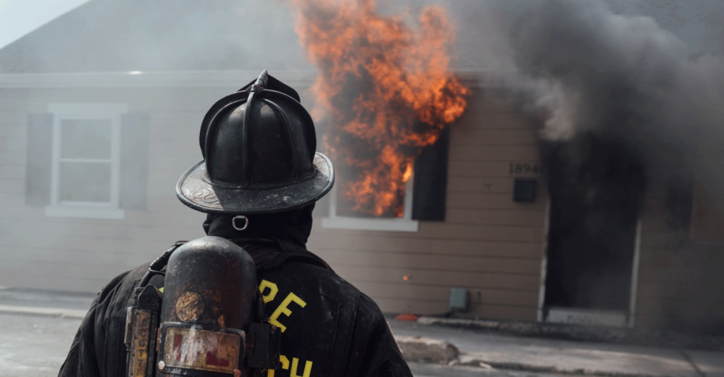 Firefighter in full PPE facing a single‑story home with fire venting from a front window and smoke pushing from the front door.