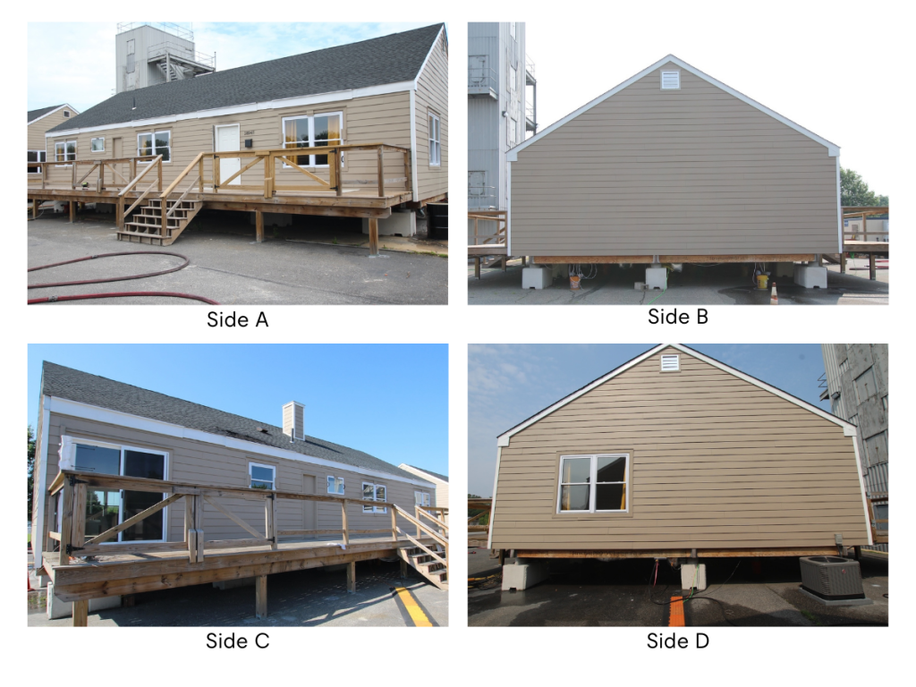 Exterior views of the purpose‑built, single‑story structure used in the search and rescue experiments, showing sides A, B, C, and D.