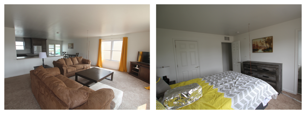 Two interior views of the purpose‑built structure used in the search and rescue experiments, showing the furnished living room and kitchen (left) and one of the bedrooms (right).