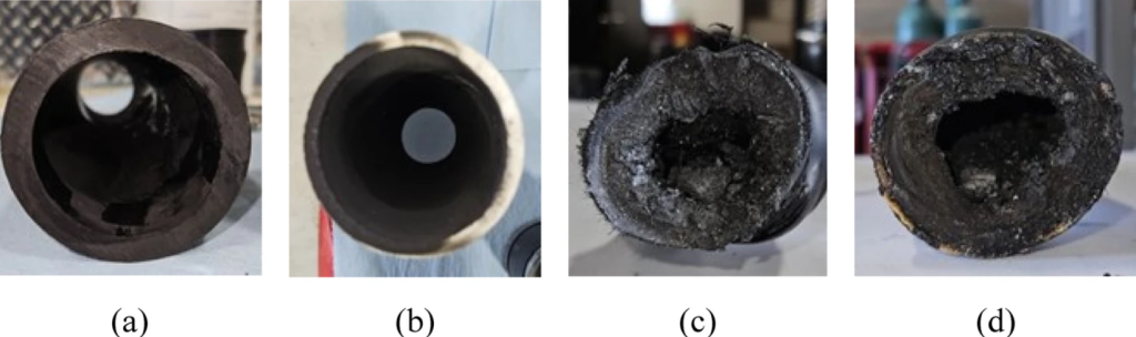 Four sample pipe cross sections show black particulate matter deposition on the inner surface of the pipes