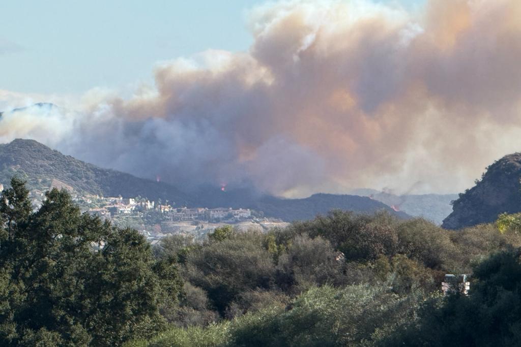 A wind-driven plume of smoke from fire spreading from wildland into the built environment during the Palisades Fire in Southern California in January 2025