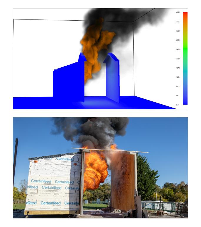 Comparative image of the structure-to-structure experiment series vs modeling the fire spread
