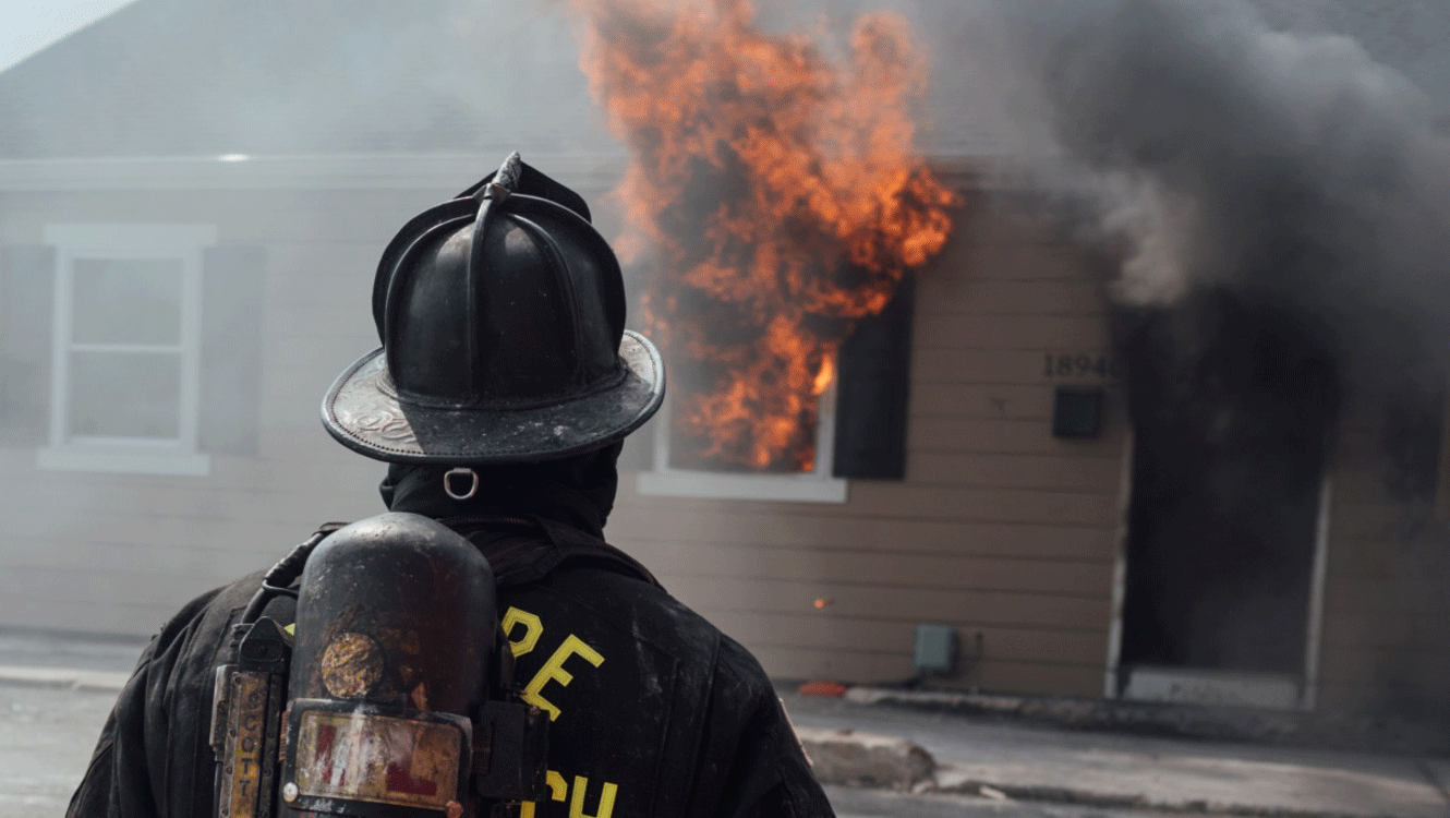 Firefighter in full PPE facing a single‑story home with fire venting from a front window and smoke pushing from the front door.
