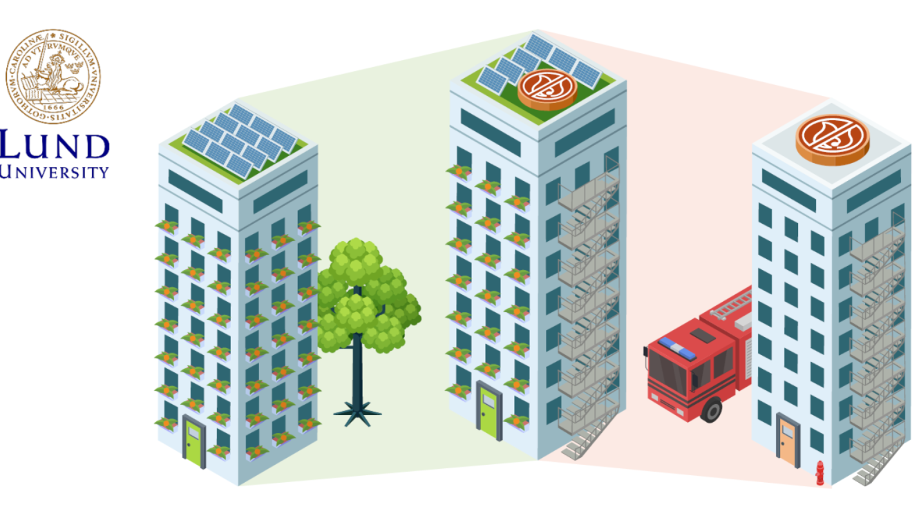 The image shows a sustainable and fire resilient building with elements of a sustainable structure, and elements of a fire resilient structure