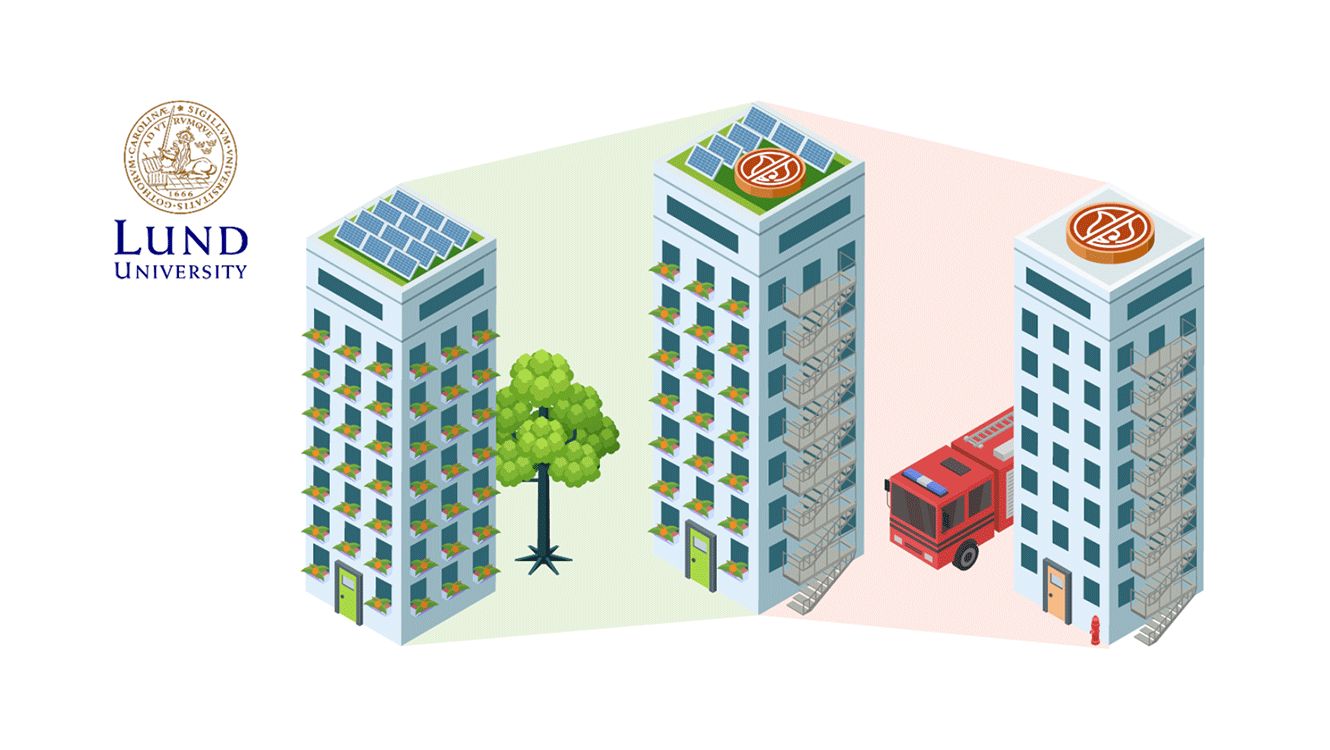 Graphic illustration shows a sustainable and fire resilient building with elements of a sustainable structure, and elements of a fire resilient structure