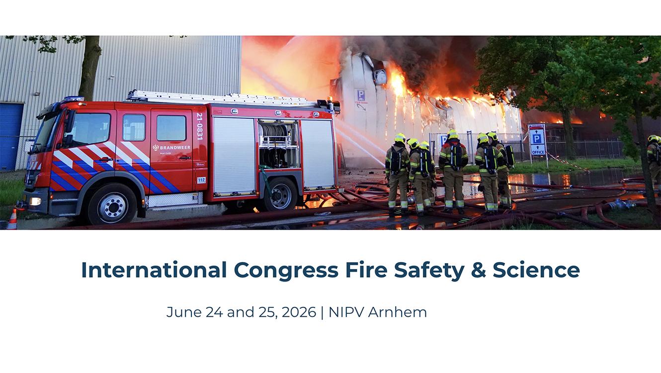 Above: image of a Brandweer fire truck with firefighters assessing a fire. Below: International Congress Fire Safety & Science.