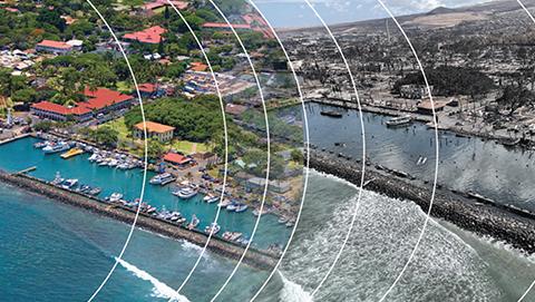 Transitional image shows Lahaina before and after the August 2023 wildfires