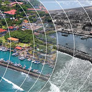 Transitional image shows Lahaina before and after the August 2023 wildfires