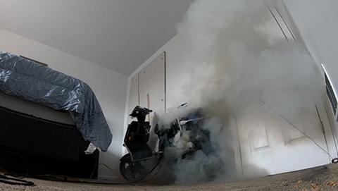 Smoke is visible from the lithium-ion battery pack e-scooter thermal runaway testing led by ULRI fire safety experts.