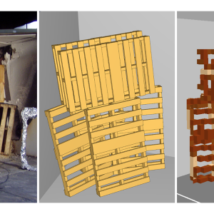 A series of images showing the process of creating a stack of wood pallets in a corner using the Fire Dynamics Simulator. The left image shows a pre-test photo of a stack of six pallets in a room corner. The middle images shows a Pyroism geometry model of the pallets. The right image shows the resulting rasterized FDS geometry.