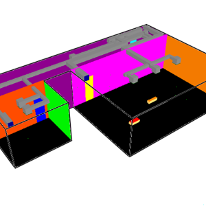 FDS geometry of the BRAVENT test facility showing the large classroom (with the propane fire (red-topped obstruction on the floor) and polyurethane fire (orange-topped obstruction on the floor), office, and hallway. The HVAC network is shown as the grey obstructions. Wall colors indicate the applied boundary condition.