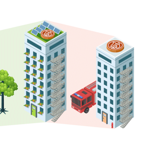 The image shows a sustainable and fire resilient building with elements of a sustainable structure, and elements of a fire resilient structure